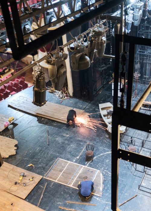 Technical equipment at the backstage of theater. Stage spot lighting rigging structure for a live musical theater events